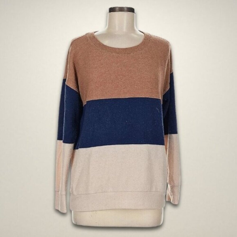 Nine Britton Womens XXL Colorblock Striped Crew Neck Knit Sweater Tan Navy Cream